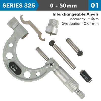 OUTSIDE MICROMETER 50MM 0.004MM ACC. 0.01MM GRAD. WITH INTERCH. ANVILS — image 1