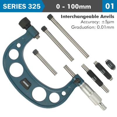 OUTSIDE MICROMETER 100MM 0.004MM ACC. 0.01MM GRAD. WITH INTERCH. ANVIL — image 1