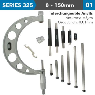 OUTSIDE MICROMETER 150MM 0.004MM ACC. 0.01MM GRAD. WITH INTERCH. ANVIL — image 1