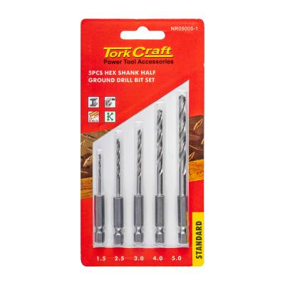 DRILL BIT SET 5PCS HSS HALF GROUND HEX SHANK 1.5/2.5/3/4/5MM POLISHED — image 1