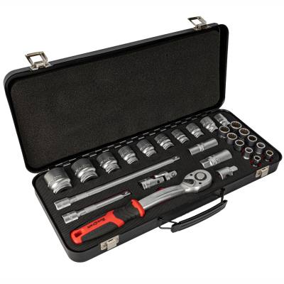 SOCKET & RATCHET SET 27PC 1/2' DR CRV 8-32MM 12 POINT METAL CASE — image 1